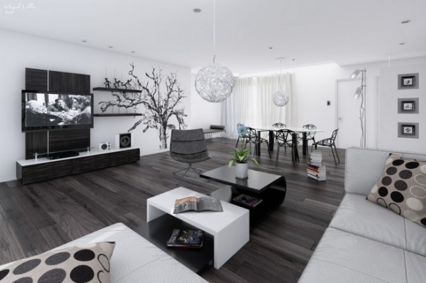 14 Black And White Living Dining Room 665x443  Black & White Interiors  Pict  1