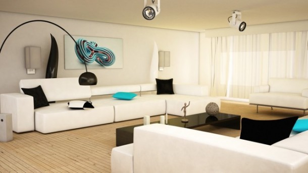 8 Black And White Aqua Living Room 665x374  Black & White Interiors Photo  12