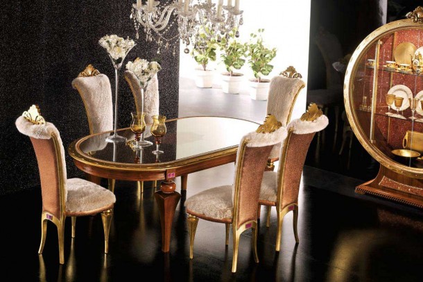 Black Floor With Gold Chair Glass Table - Elegant Luxury Dining Room Set by AltaModa