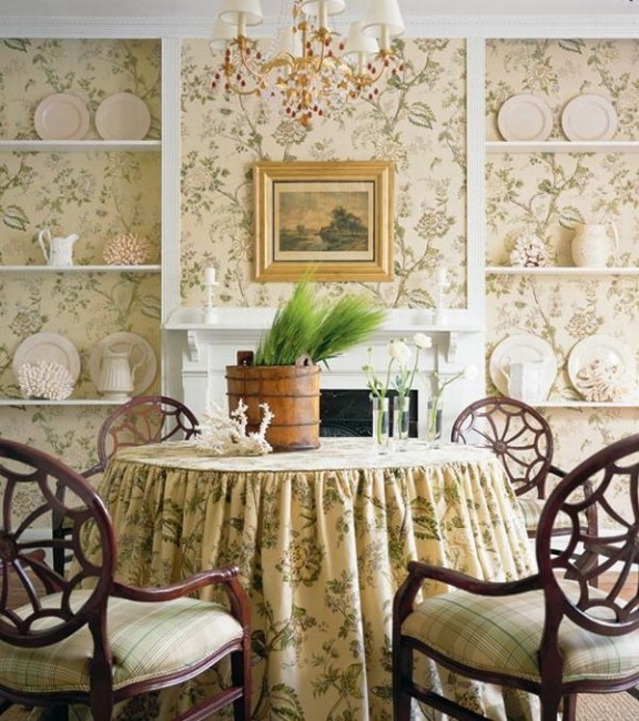 Design Interior French Country Bright Brown Floral Wall Dining Room