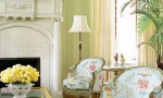 Design Interior French Country White Fire Place And Two Floral Chairs