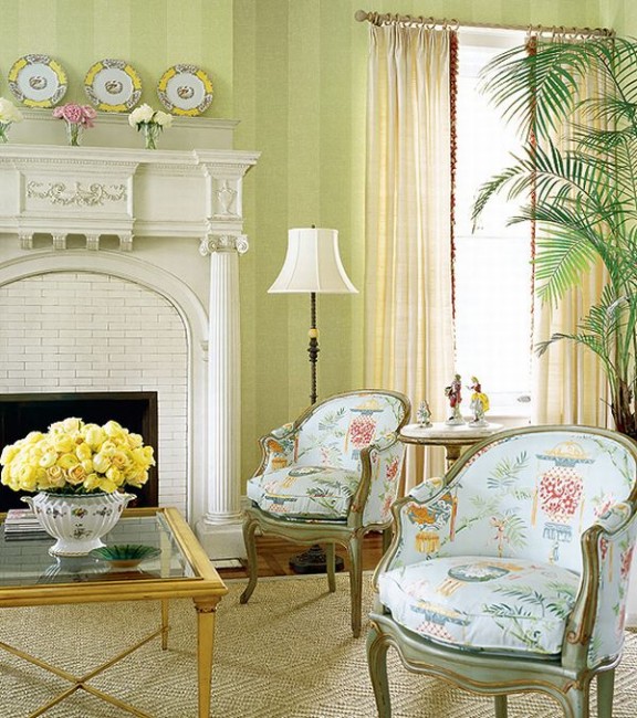 Design Interior French Country White Fire Place And Two Floral Chairs