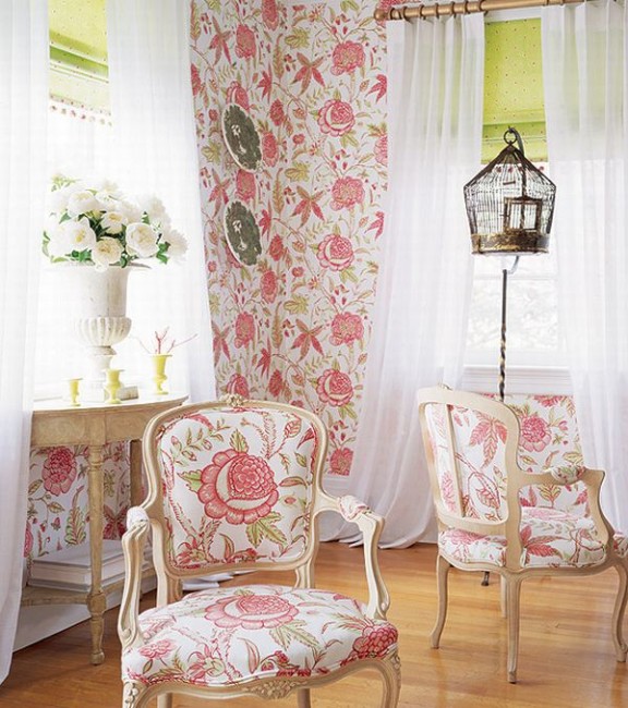 Design Interior French Country Pink Floral Wall Decor and Pink Floral Chair