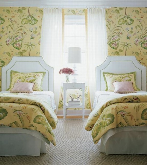 Design Interior French Country Green Floral Two Beds