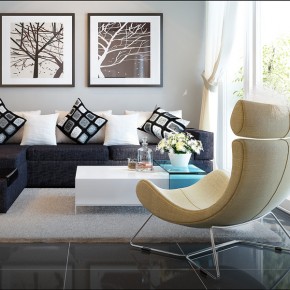 A Dark Brown Couch Vs. Yellowish Chair1  Warm and Cozy Rooms Rendered By Yim Lee  Picture  2