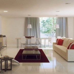 Grey White Red Living Room 665x374  Rendered Minimalist Spaces by Rafael Reis  Image  9