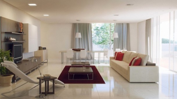 Grey White Red Living Room 665x374  Rendered Minimalist Spaces by Rafael Reis  Image  9