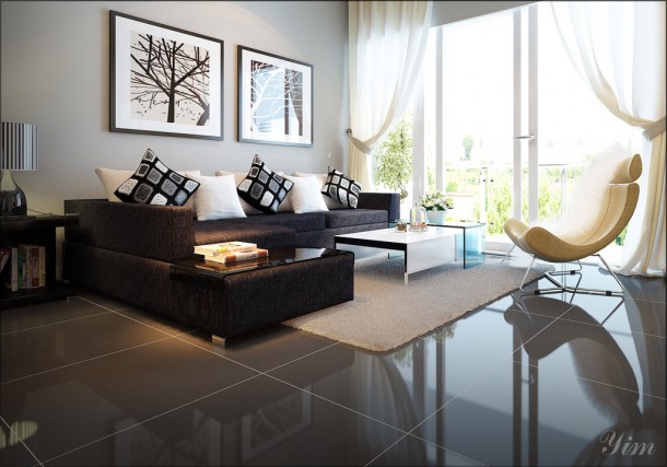 Modern Living Room With A Dark Couch1  Warm and Cozy Rooms Rendered By Yim Lee Photo  1