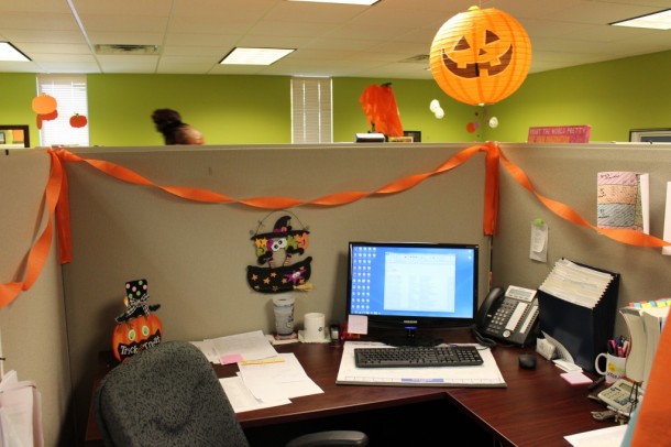 Halloween pumpkins hanging in office