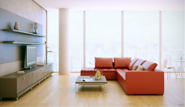 Red Sofa Wood Entertainment Unit 665x386  Rendered Minimalist Spaces by Rafael Reis  Wallpaper 6
