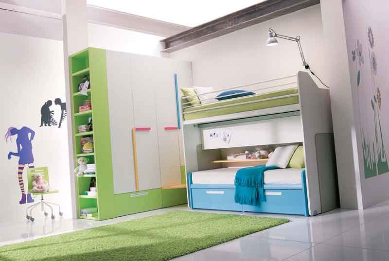 Blue And Green With Bunk Bed Teen Girls Bedroom Interior