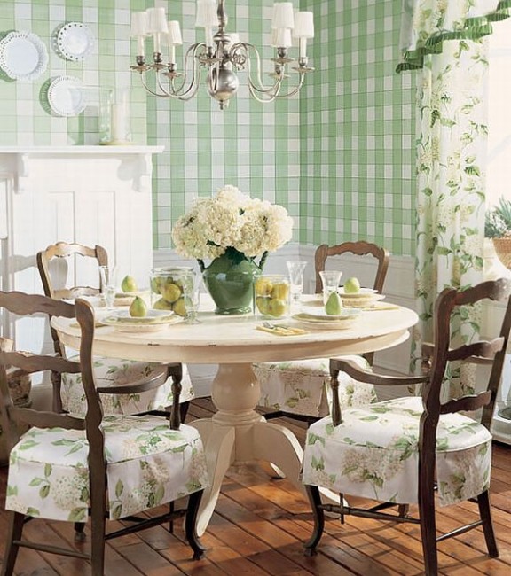 Design Interior French Country Striped Green Wall and Table Porcelain