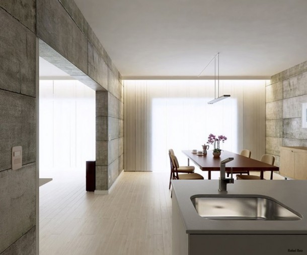 Kitchen Diner Concrete Walls 665x554  Rendered Minimalist Spaces by Rafael Reis  Wallpaper 2