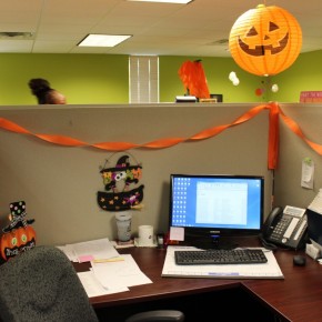 Halloween pumpkins hanging in office
